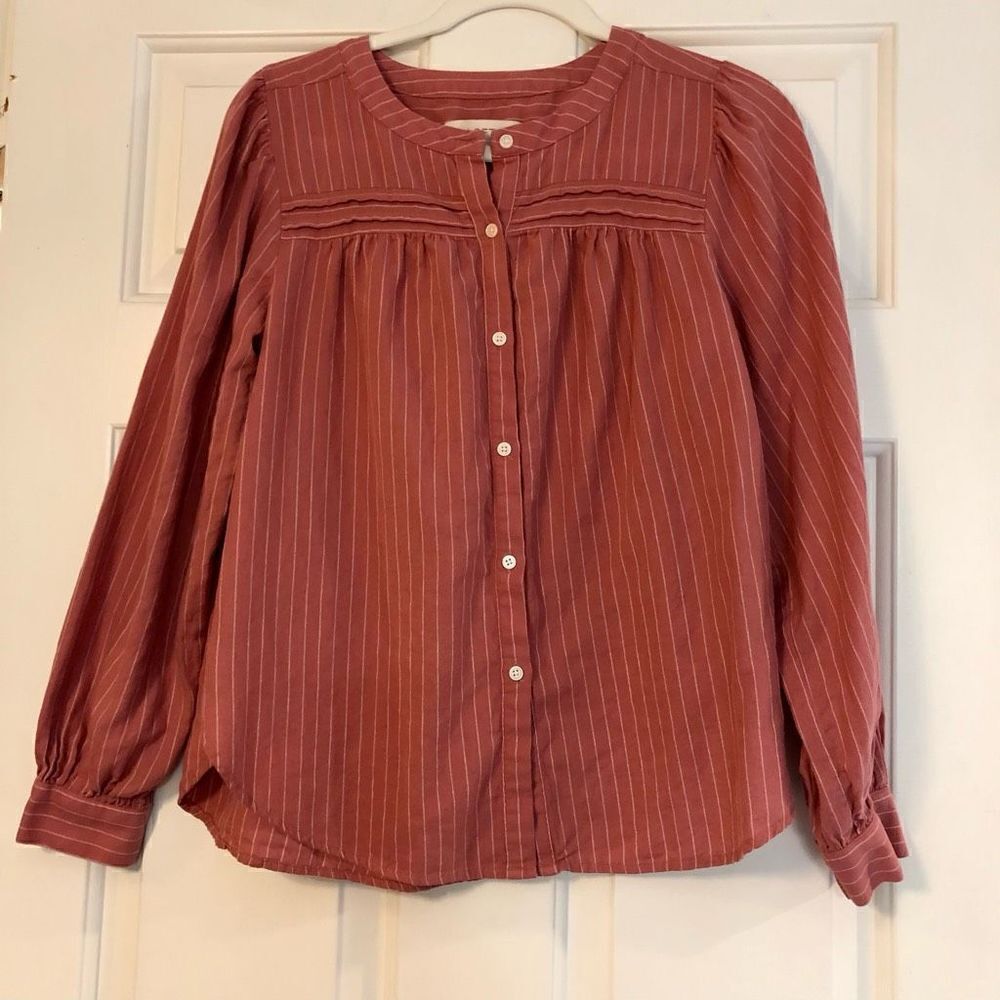 Loft Women’s Button Down Long Sleeve Blouse Pink White Size Small